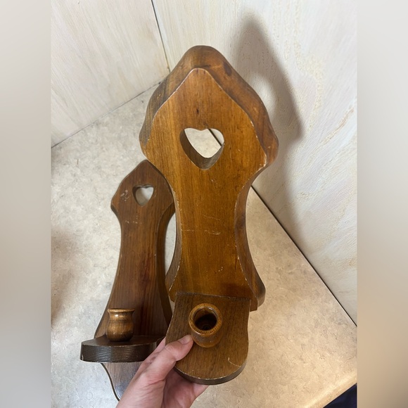 Vintage Homco Wood Taper Candle Wall Sconce Pair Solid Wood with Heart Cut Out - Picture 5 of 6